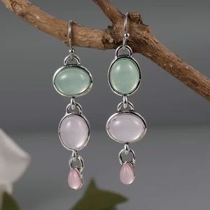 💜New Silver Moonstone Earrings-dangling oval pink and blue stones